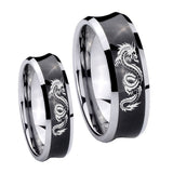 Bride and Groom Dragon Concave Black Tungsten Carbide Wedding Band Ring Set