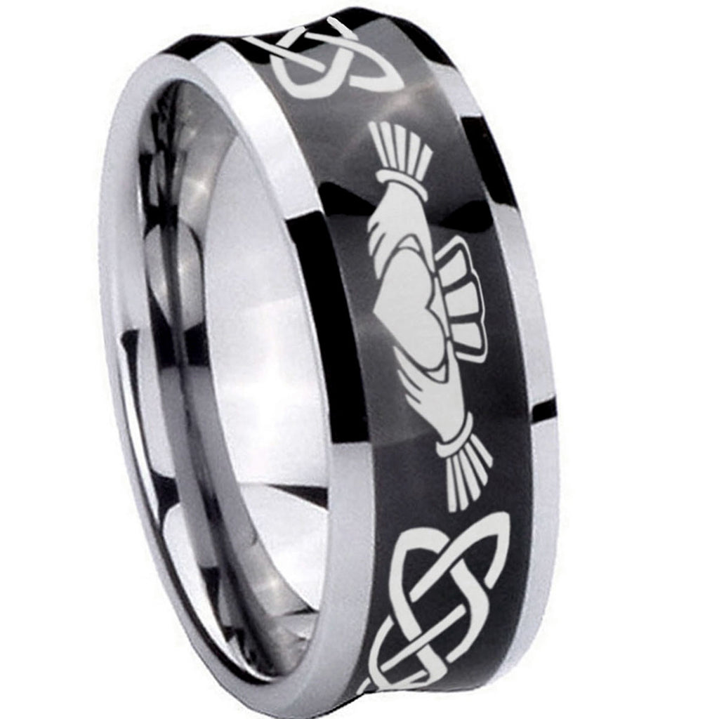 8MM Irish Claddagh Concave Black Tungsten Mens Bands Ring