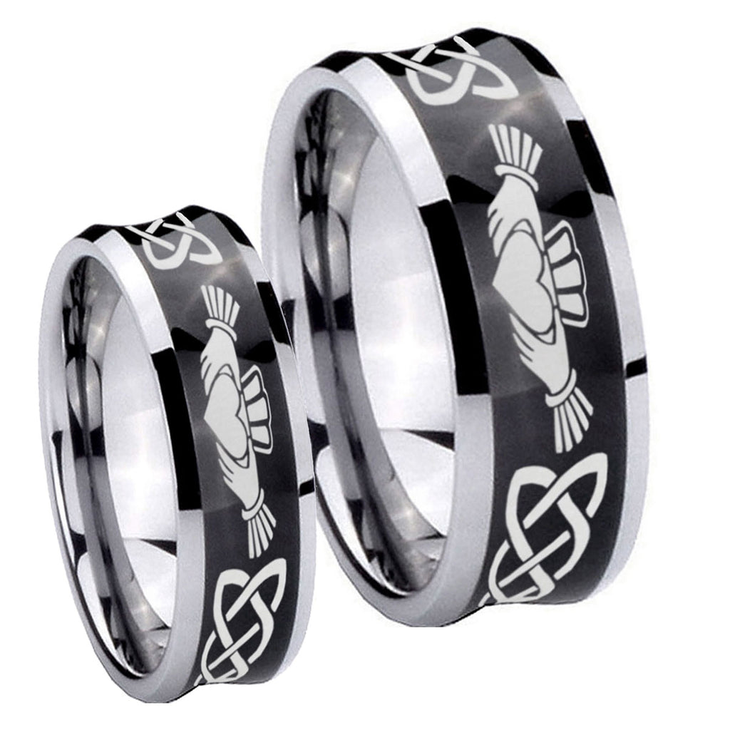Irish Claddagh Concave Black Tungsten Couples Ring Set