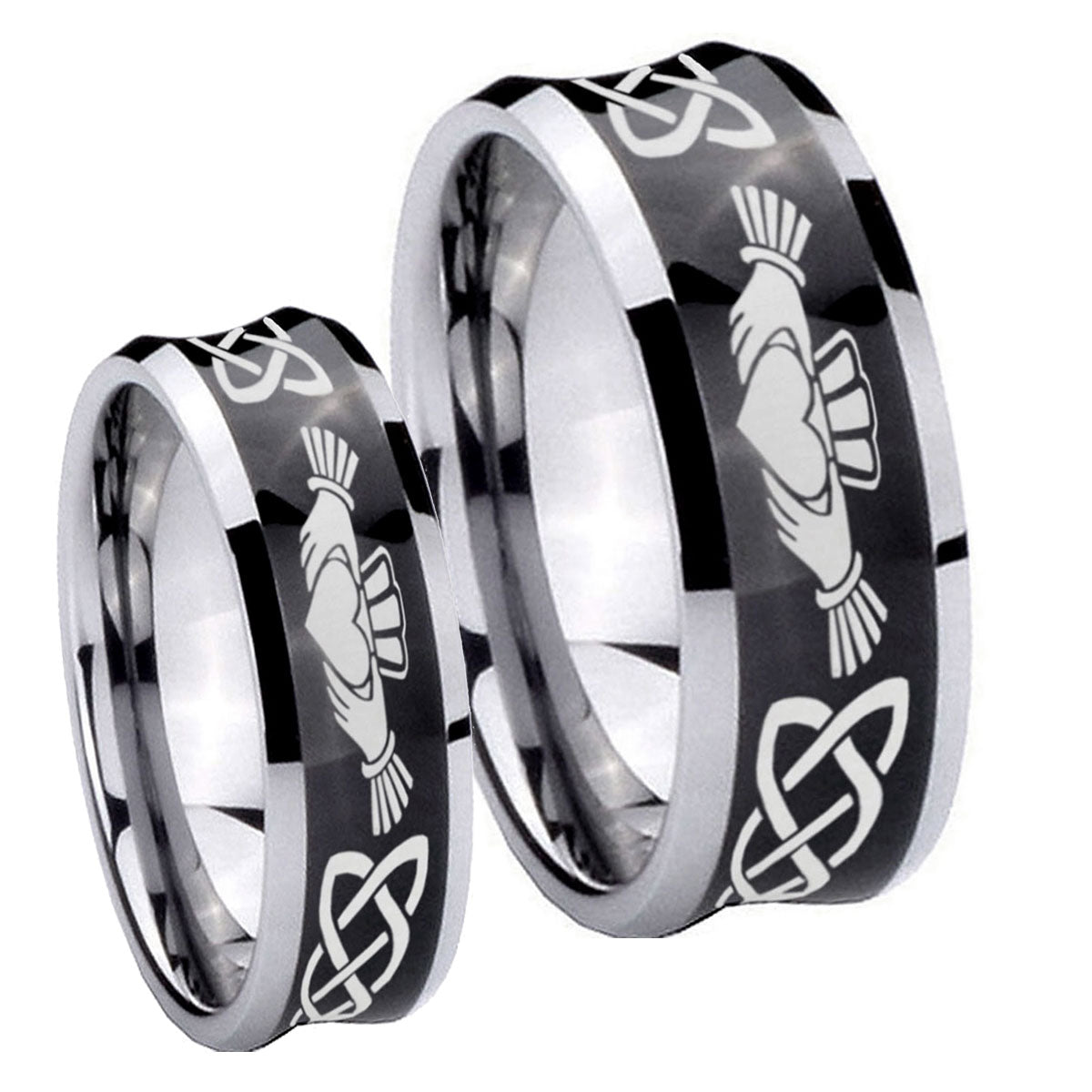 Irish Claddagh Concave Black Tungsten Couples Ring Set