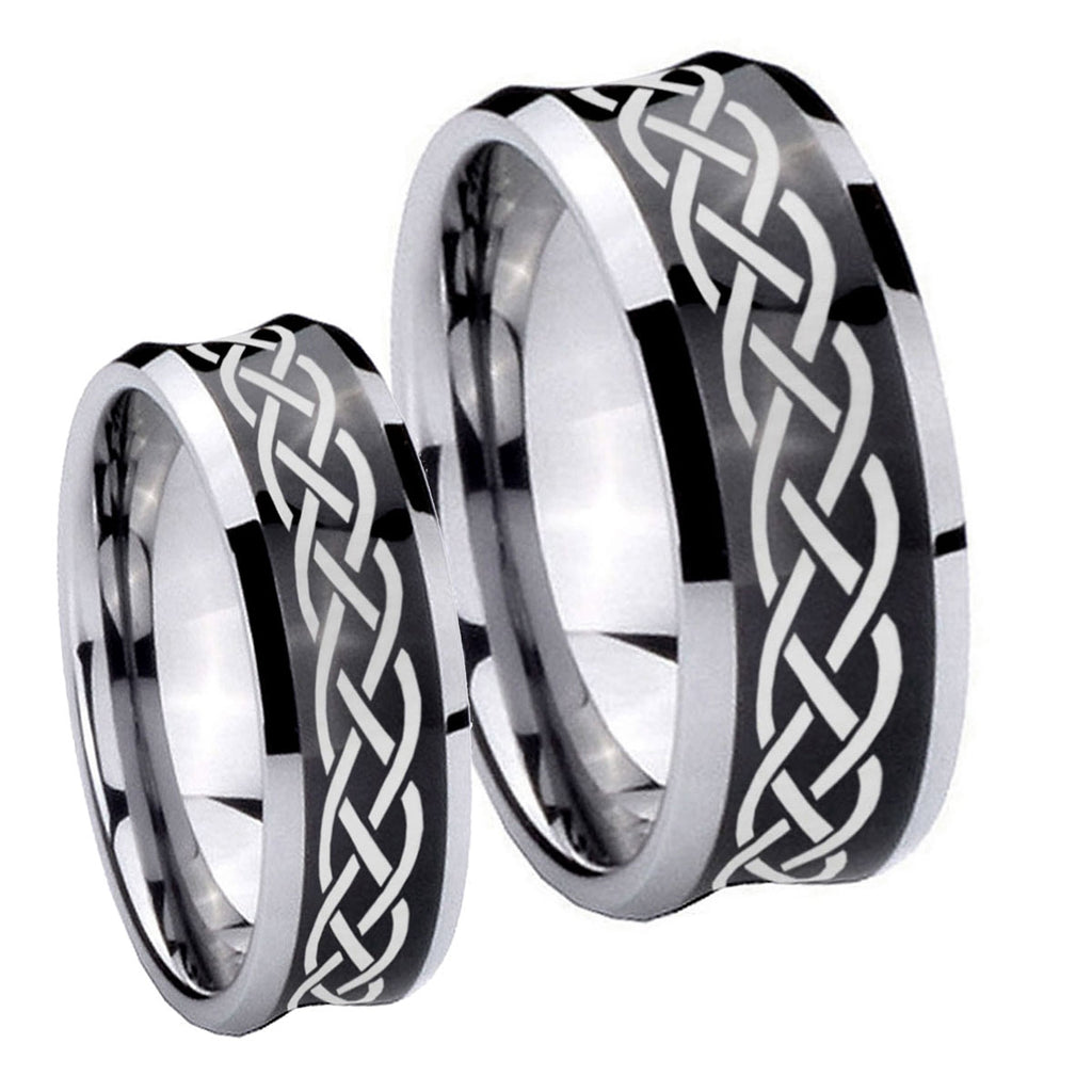 Celtic Knot Concave Black Tungsten His Hers Ring Set