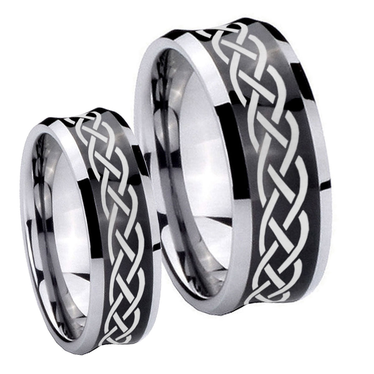 Celtic Knot Concave Black Tungsten His Hers Ring Set