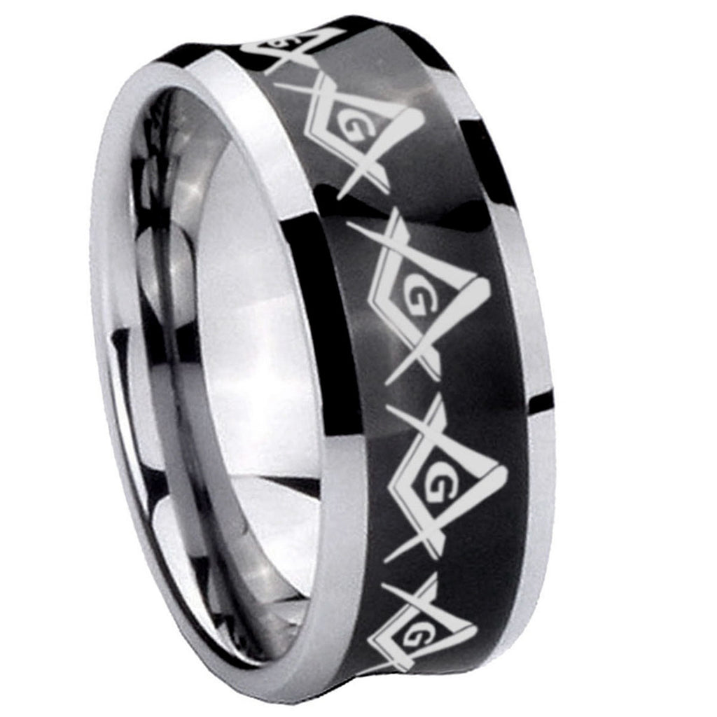 8MM Masonic Square Compass Concave Black Tungsten Ring For Men