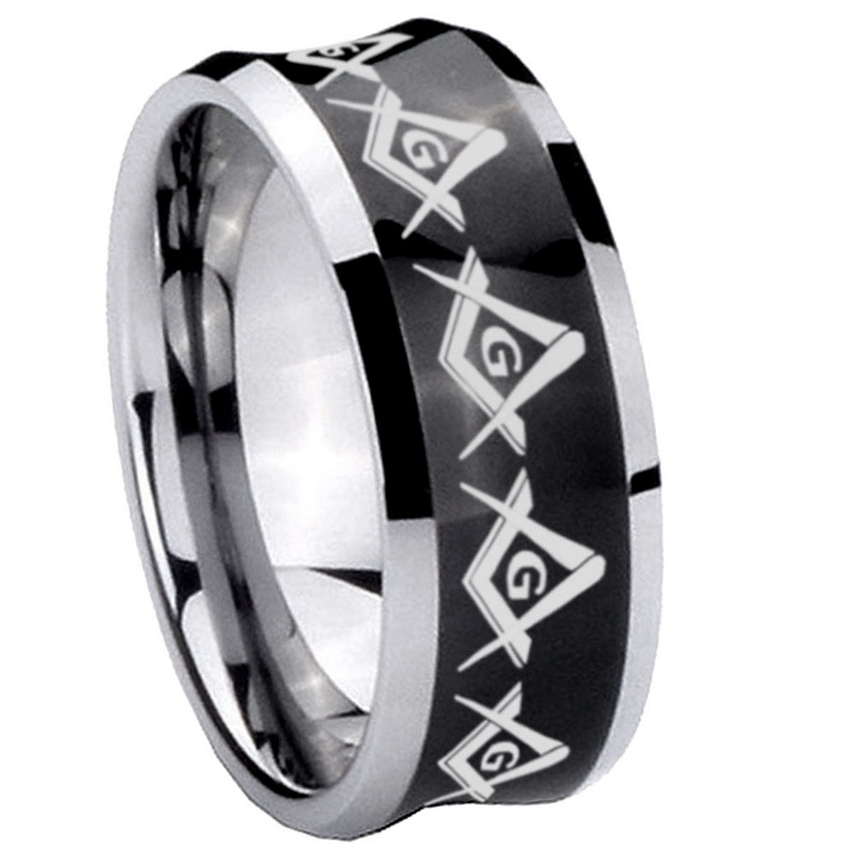 8MM Masonic Square Compass Concave Black Tungsten Ring For Men
