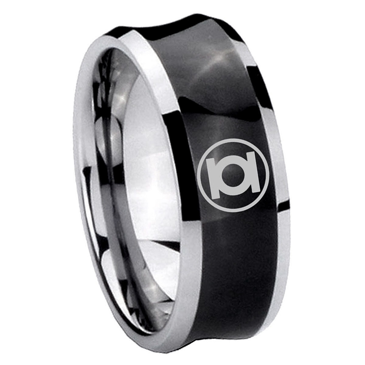 8MM Green Lantern Concave Black Mens Wide Band Rings