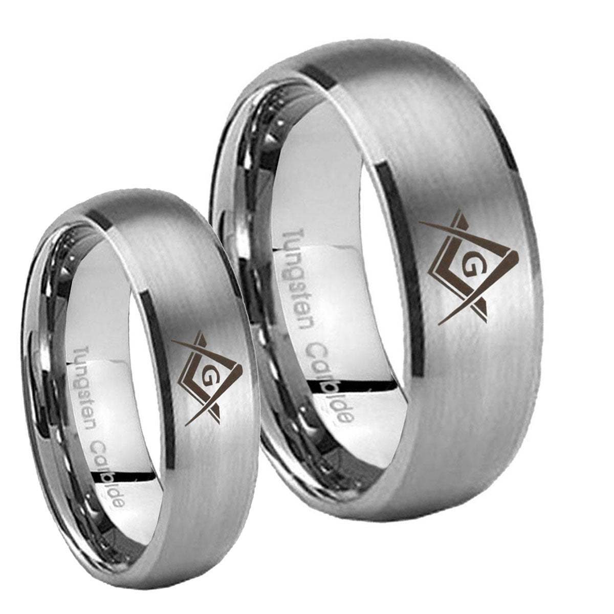Freemason Masonic Dome Brushed Tungsten Bridal Ring Sets