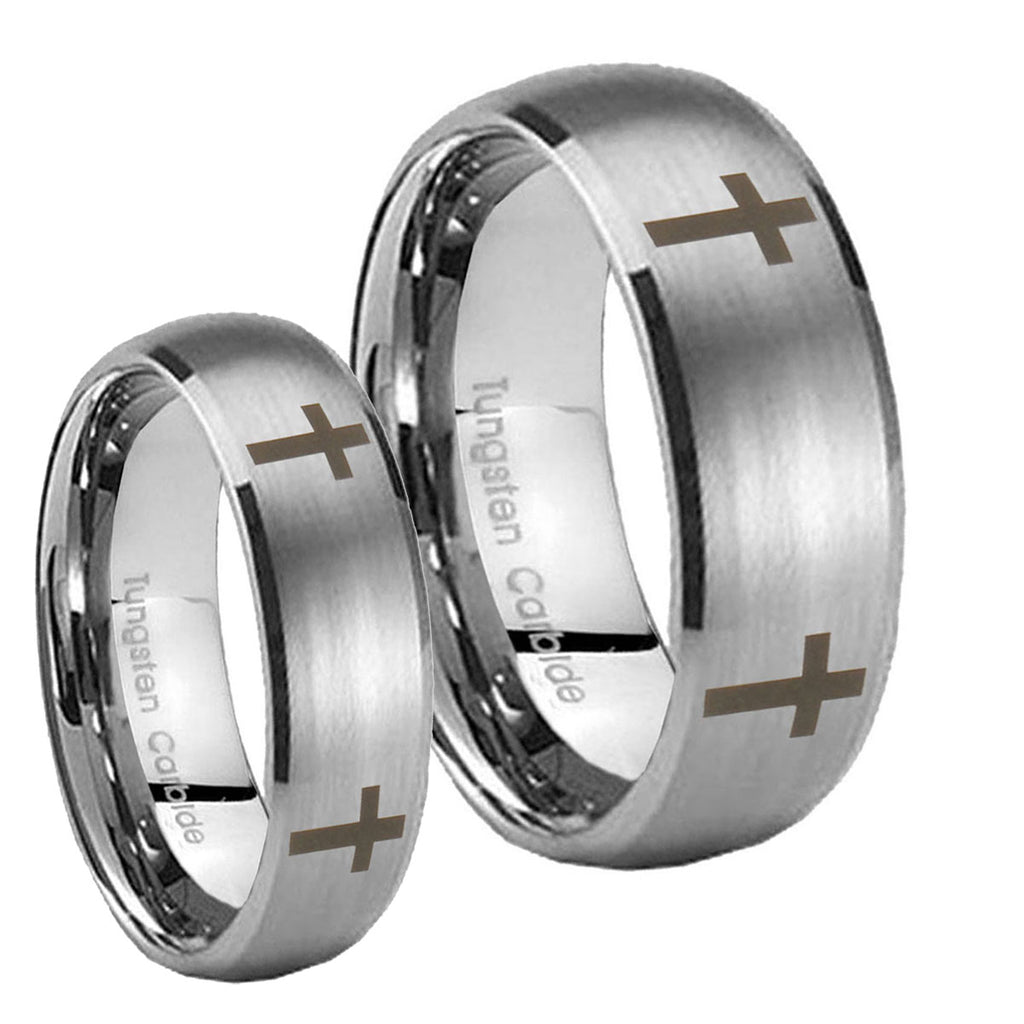 Crosses Dome Brushed Tungsten Matching Ring Set