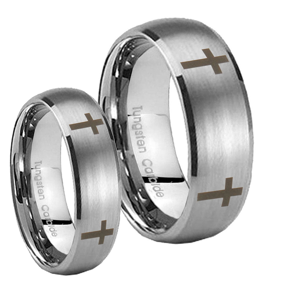 Crosses Dome Brushed Tungsten Matching Ring Set