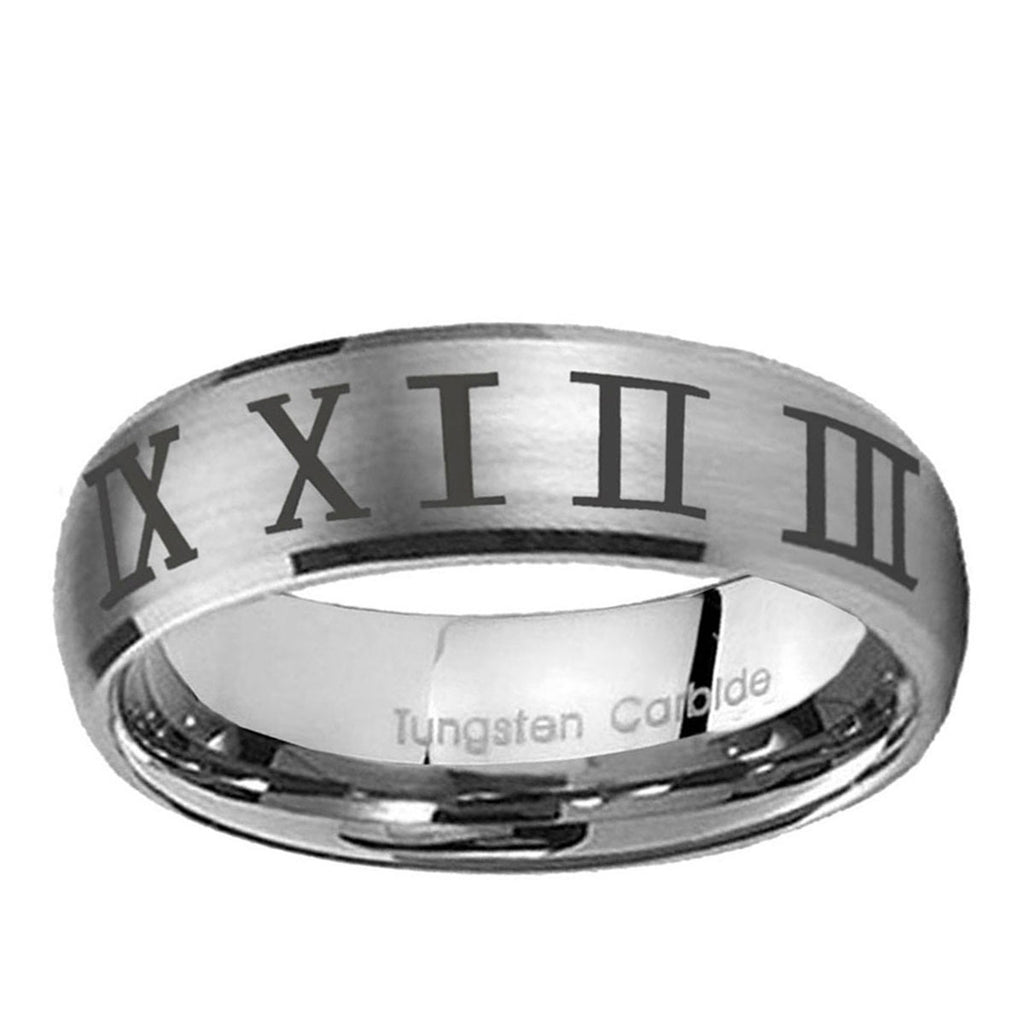 10mm Roman Numeral Dome Brushed Tungsten Ring