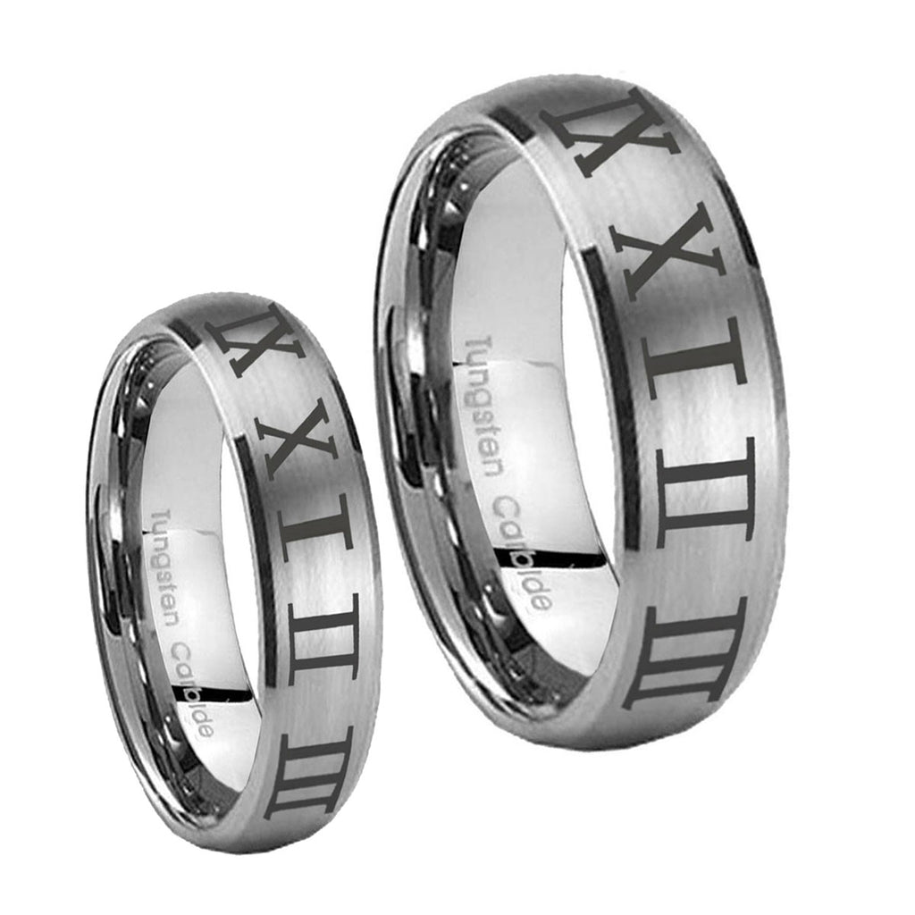 Roman Numeral Dome Brushed Tungsten His and Hers