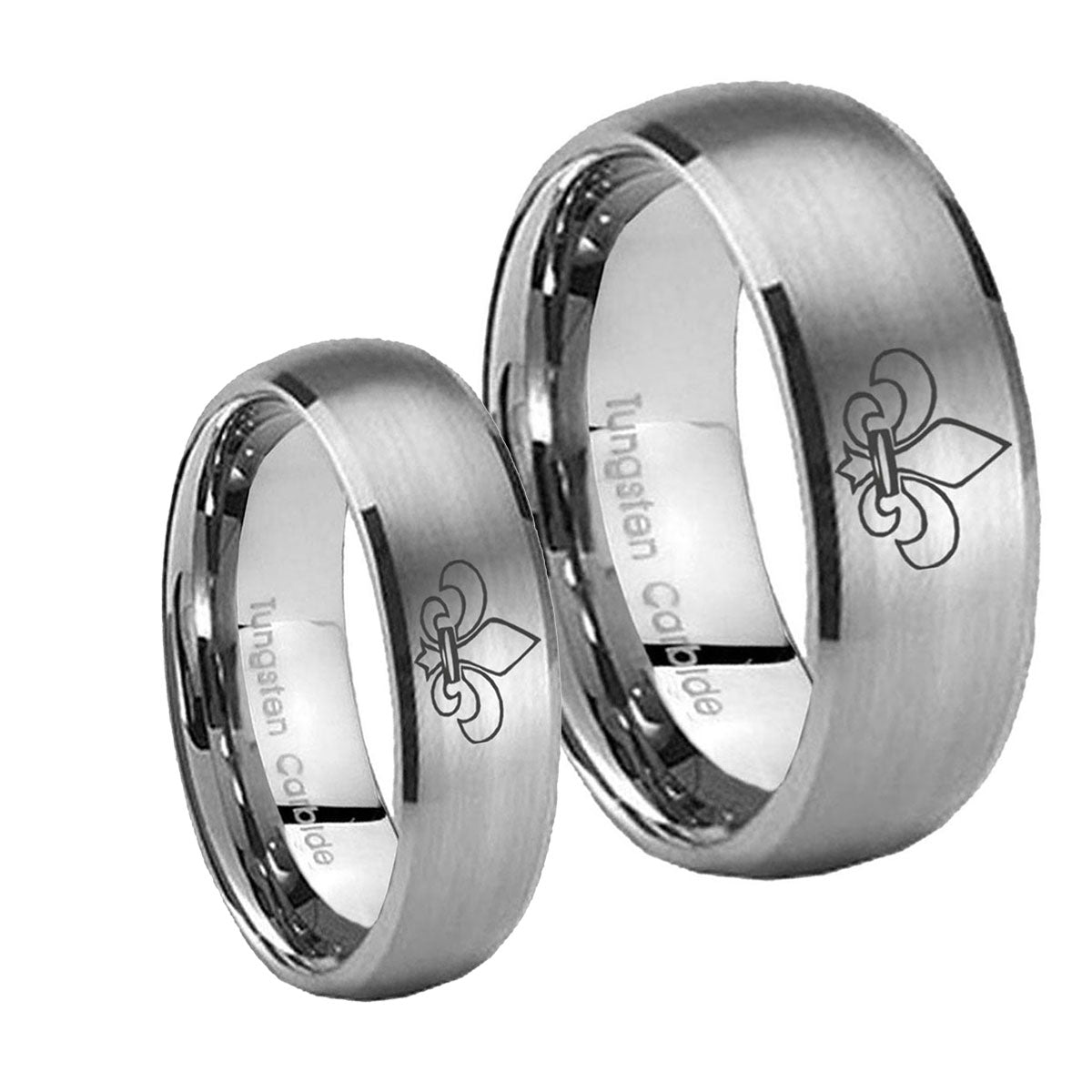 Fleur De Lis Dome Brushed Tungsten Promise Ring Set