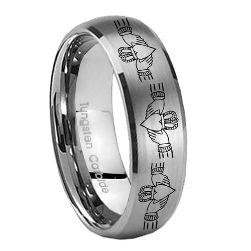 10mm Irish Claddagh Dome Brushed Tungsten Carbide Mens Ring Personalized