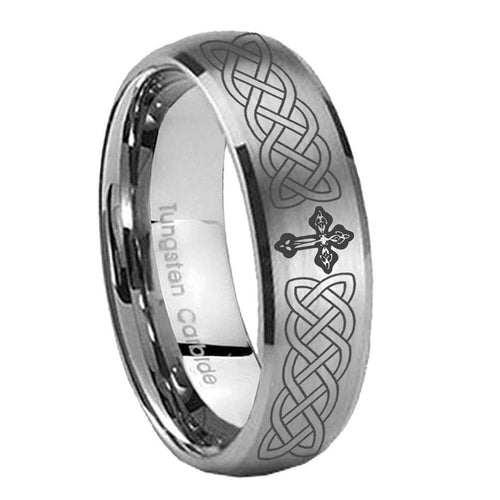 10mm Celtic Cross Dome Brushed Tungsten Carbide Personalized Ring