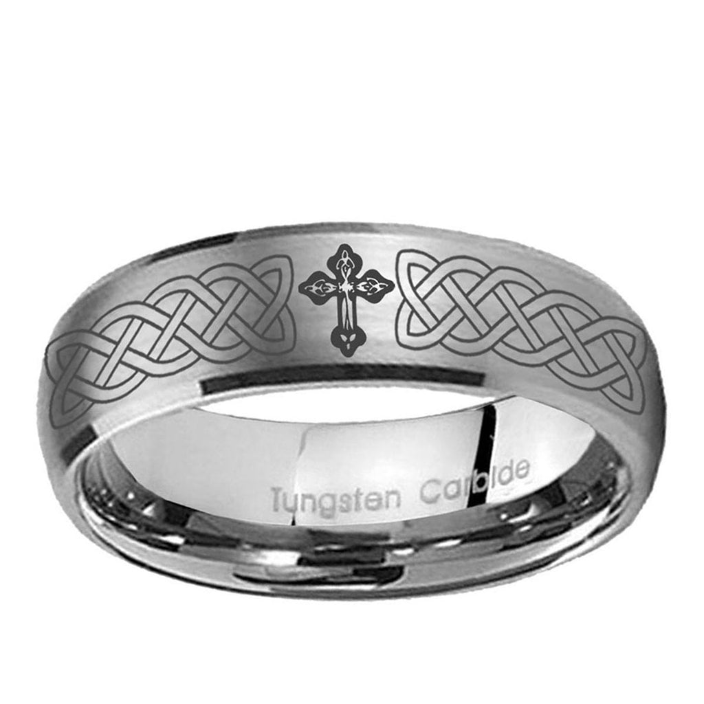 10mm Celtic Cross Dome Brushed Tungsten Ring
