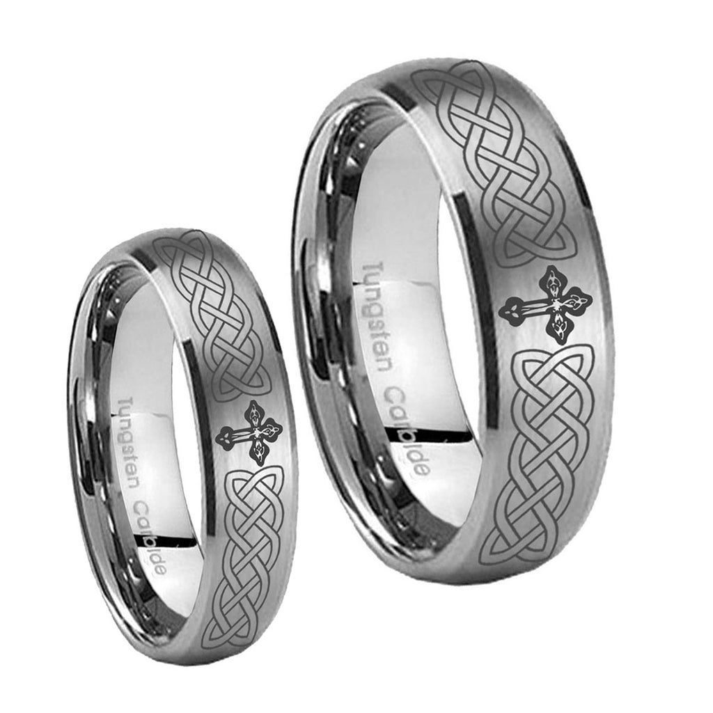 Celtic Cross Dome Brushed Tungsten Wedding Ring Set