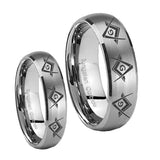 His Hers Master Mason Masonic  Dome Brushed Tungsten Wedding Engagement Ring Set