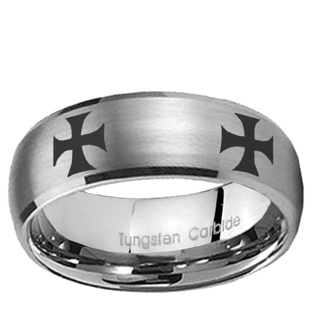 10mm 4 Maltese Cross Dome Brushed Tungsten Ring