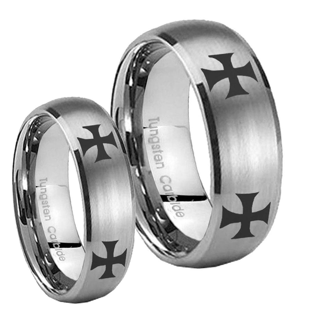4 Maltese Cross Dome Brushed Tungsten Mens Set Ring