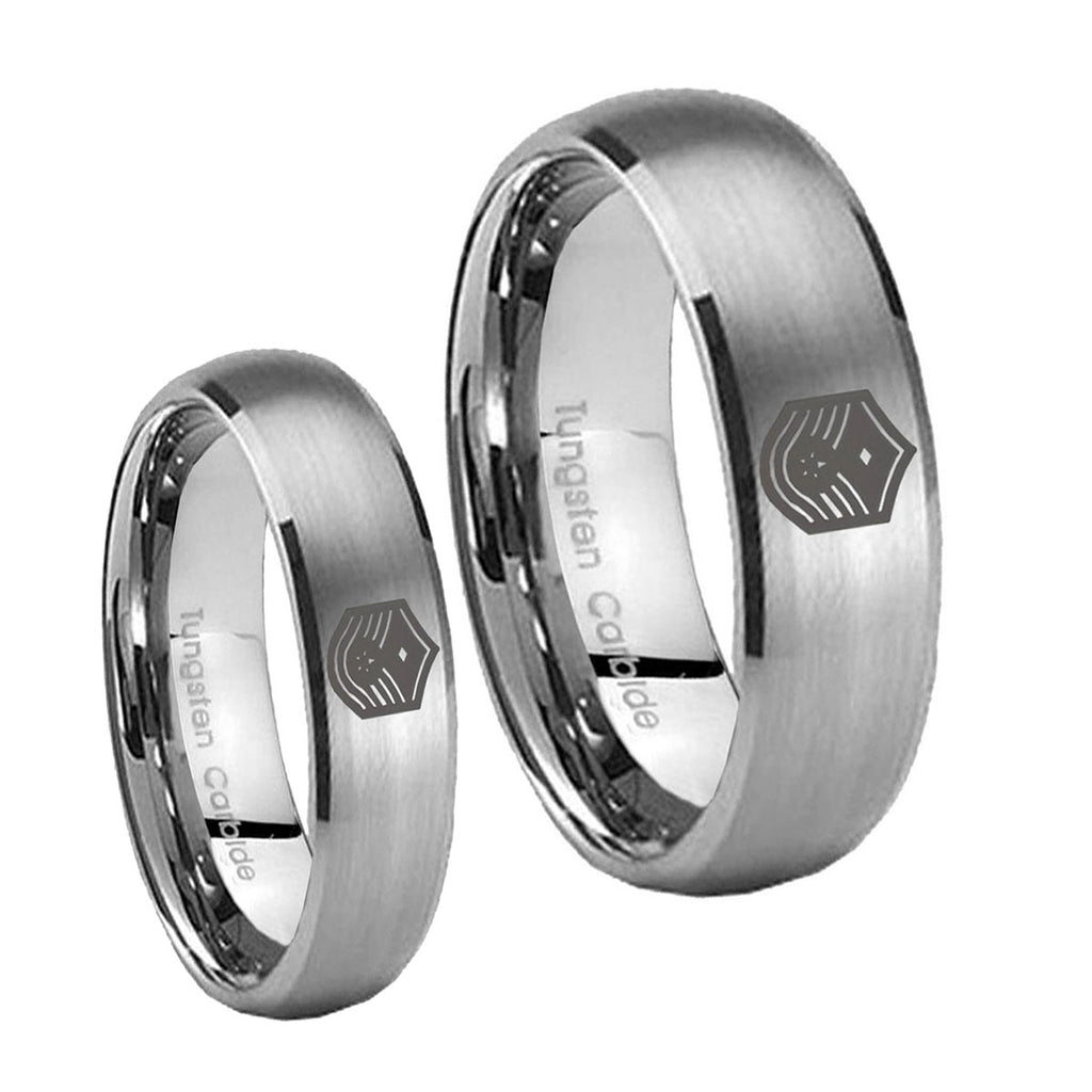 Chief Master Sergeant Vector Dome Brushed Tungsten Wedding Ring Set
