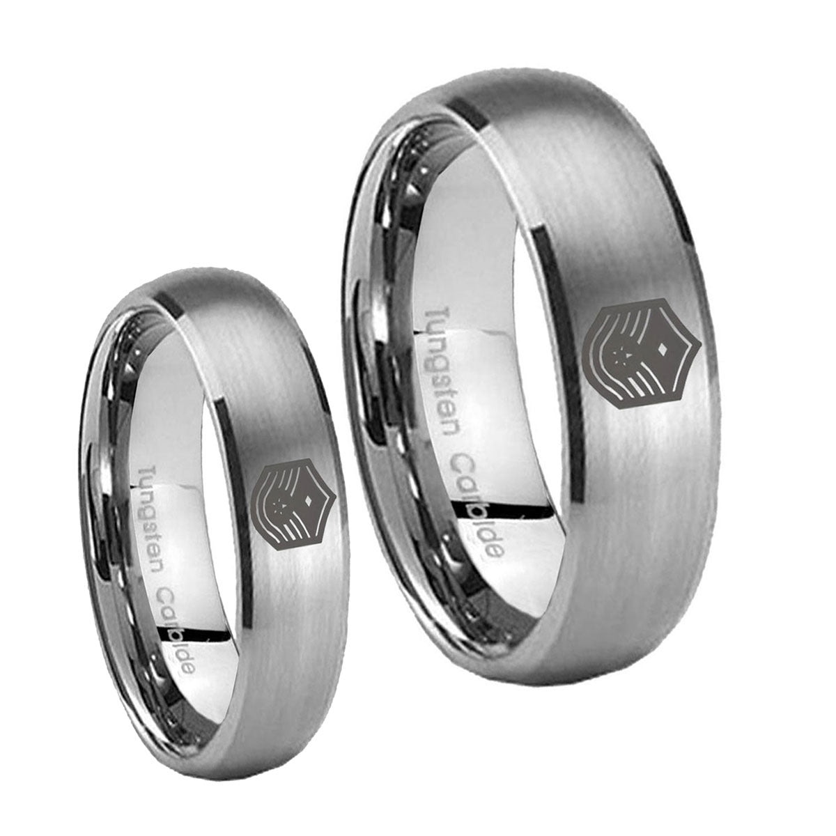 Chief Master Sergeant Vector Dome Brushed Tungsten Wedding Ring Set