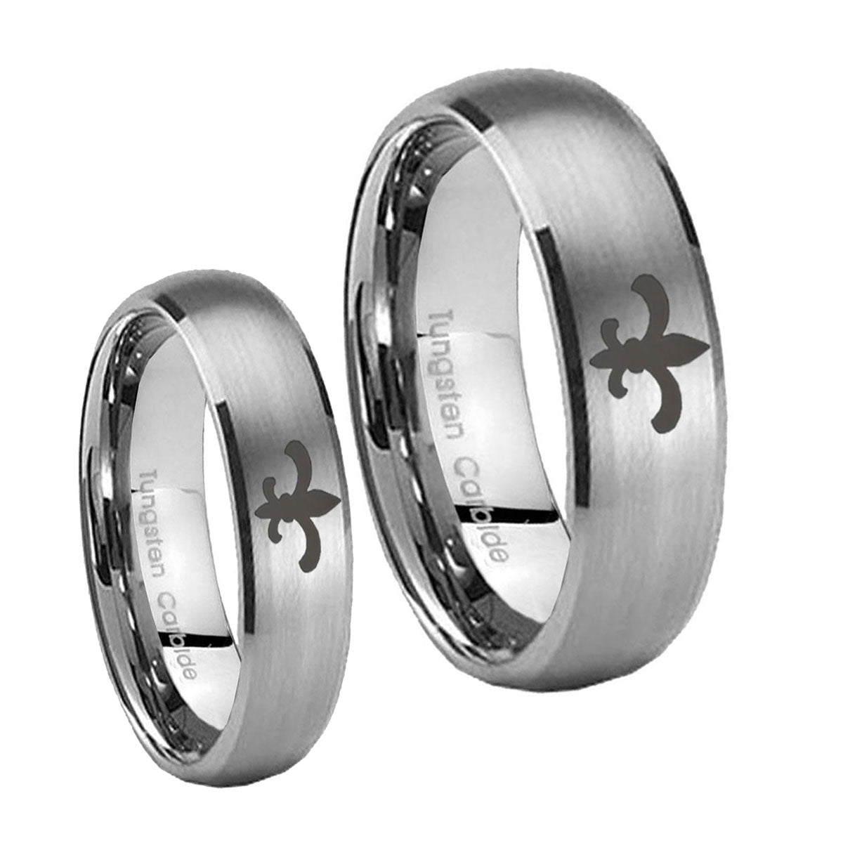 Fleur De Lis Dome Brushed Tungsten Mens Set Rings