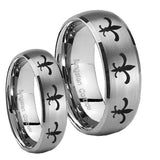 His and Hers Multiple Fleur De Lis Dome Brushed Tungsten Engagement Ring Set