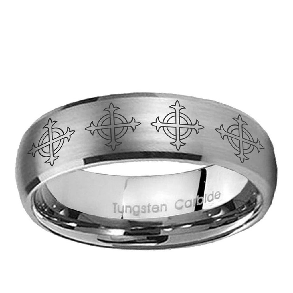 10mm Multiple Crosses Dome Brushed Tungsten Ring