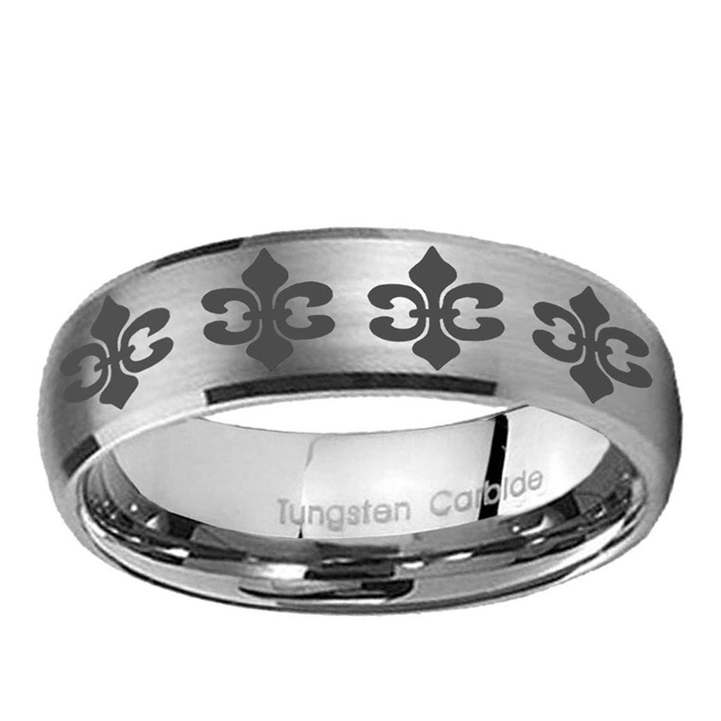 5MM Multiple Fleur Delis Dome Brushed Gray Tungsten Band For Men
