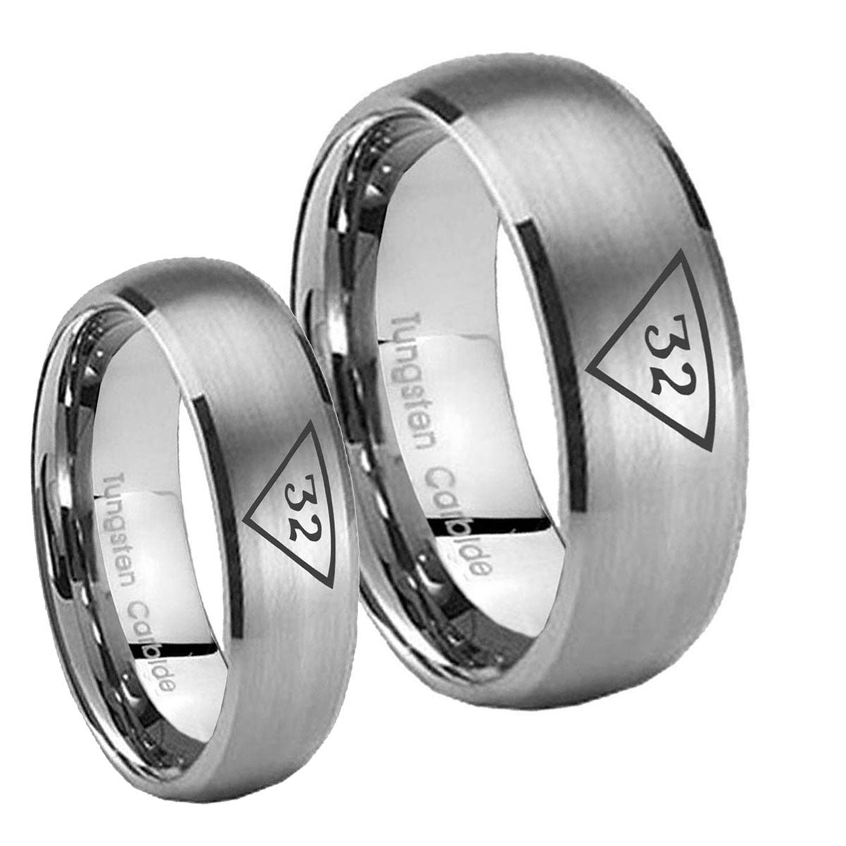 Masonic 32 Triangle Freemason Dome Brushed Tungsten Wedding Set Rings