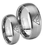 Bride and Groom Masonic 32 Triangle Freemason Dome Brushed Tungsten Carbide Wedding Band Ring Set