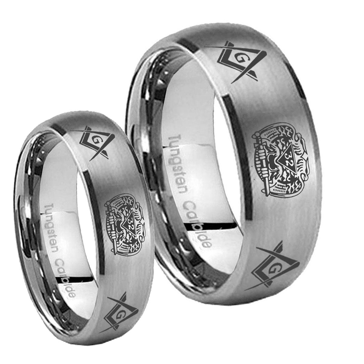 Masonic 32 Design Dome Brushed Tungsten Bridal Set Rings