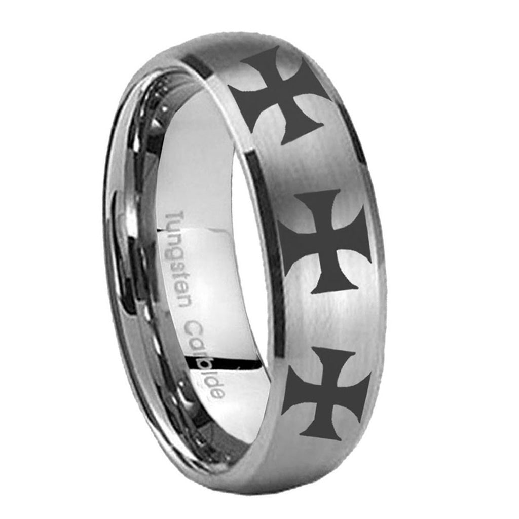 10mm Multiple Maltese Cross Dome Brushed Tungsten Carbide Mens Anniversary Ring