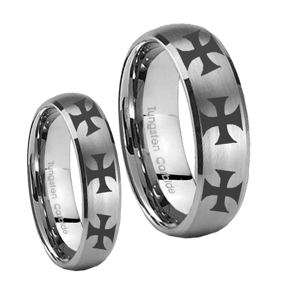 Multiple Maltese Cross Dome Brushed Tungsten Mens Ring Set
