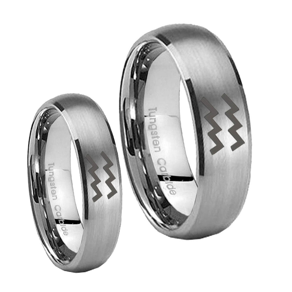 Aquarius Horoscope Dome Brushed Tungsten Wedding Set Rings