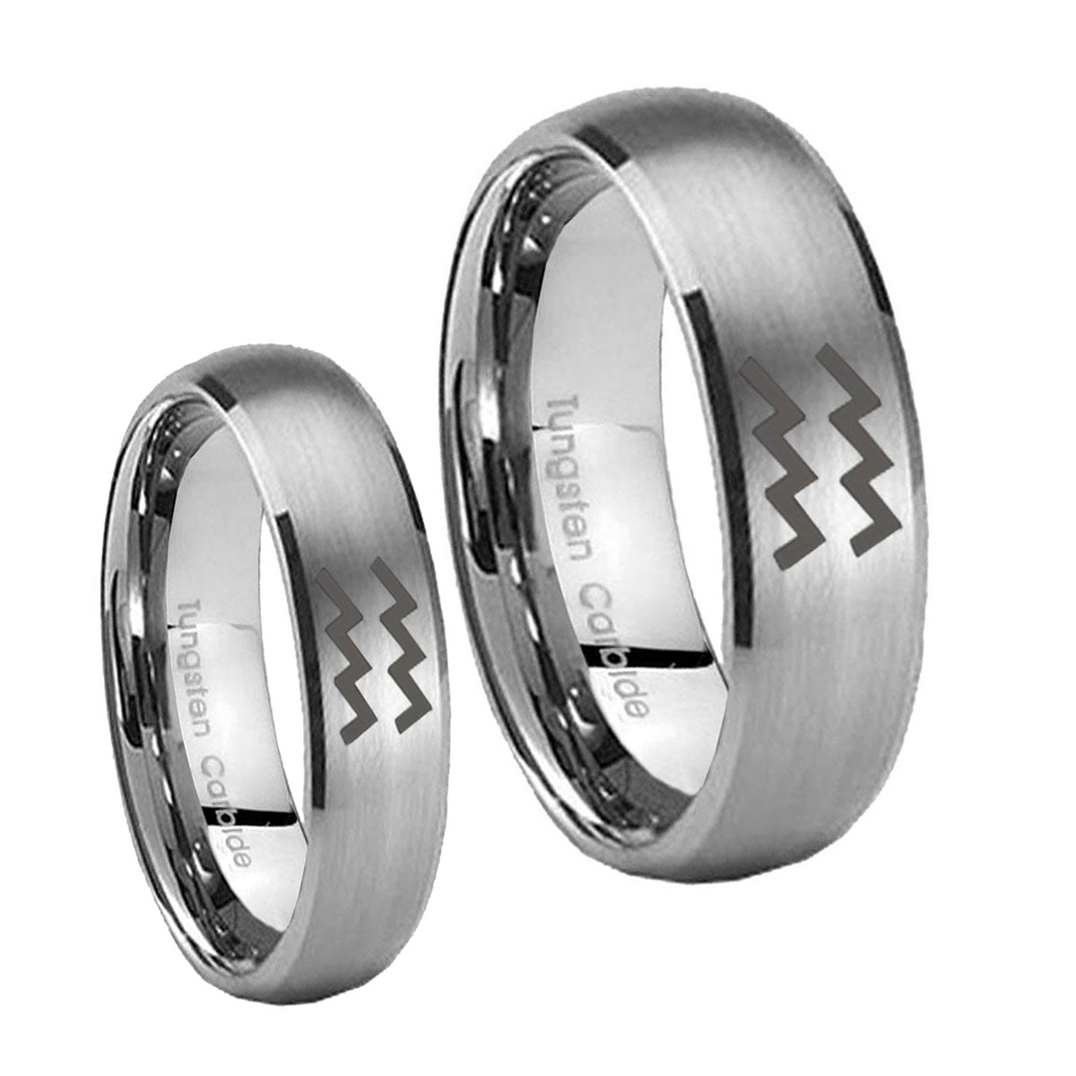 Aquarius Horoscope Dome Brushed Tungsten Wedding Set Rings