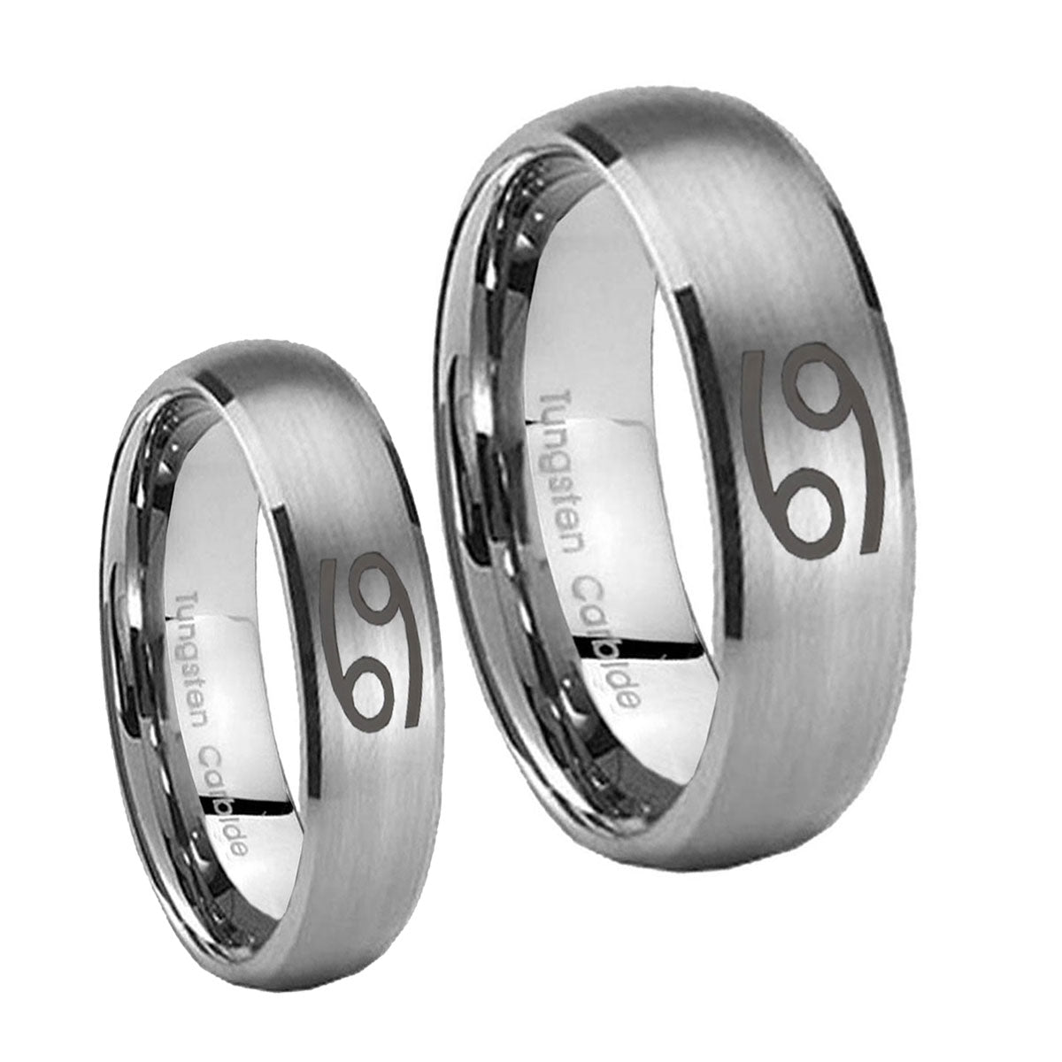Cancer Horoscope Dome Brushed Tungsten Promise Ring Set