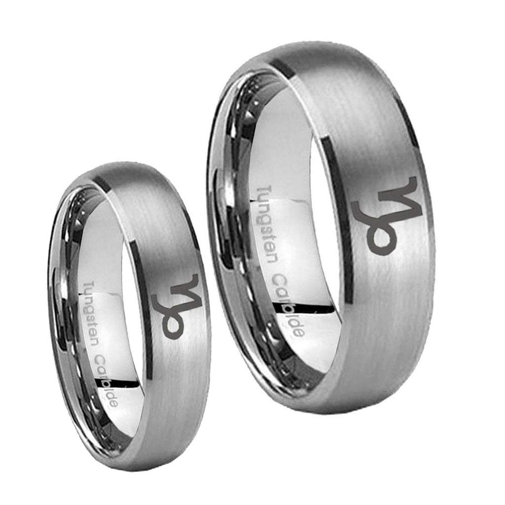 Capricorn Zodiac Dome Brushed Tungsten Bridal Set Rings