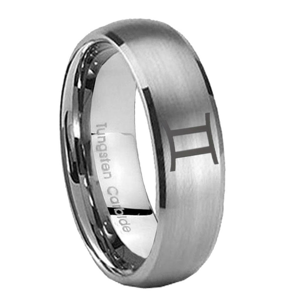 10mm Gemini Zodiac Dome Brushed Tungsten Carbide Anniversary Ring