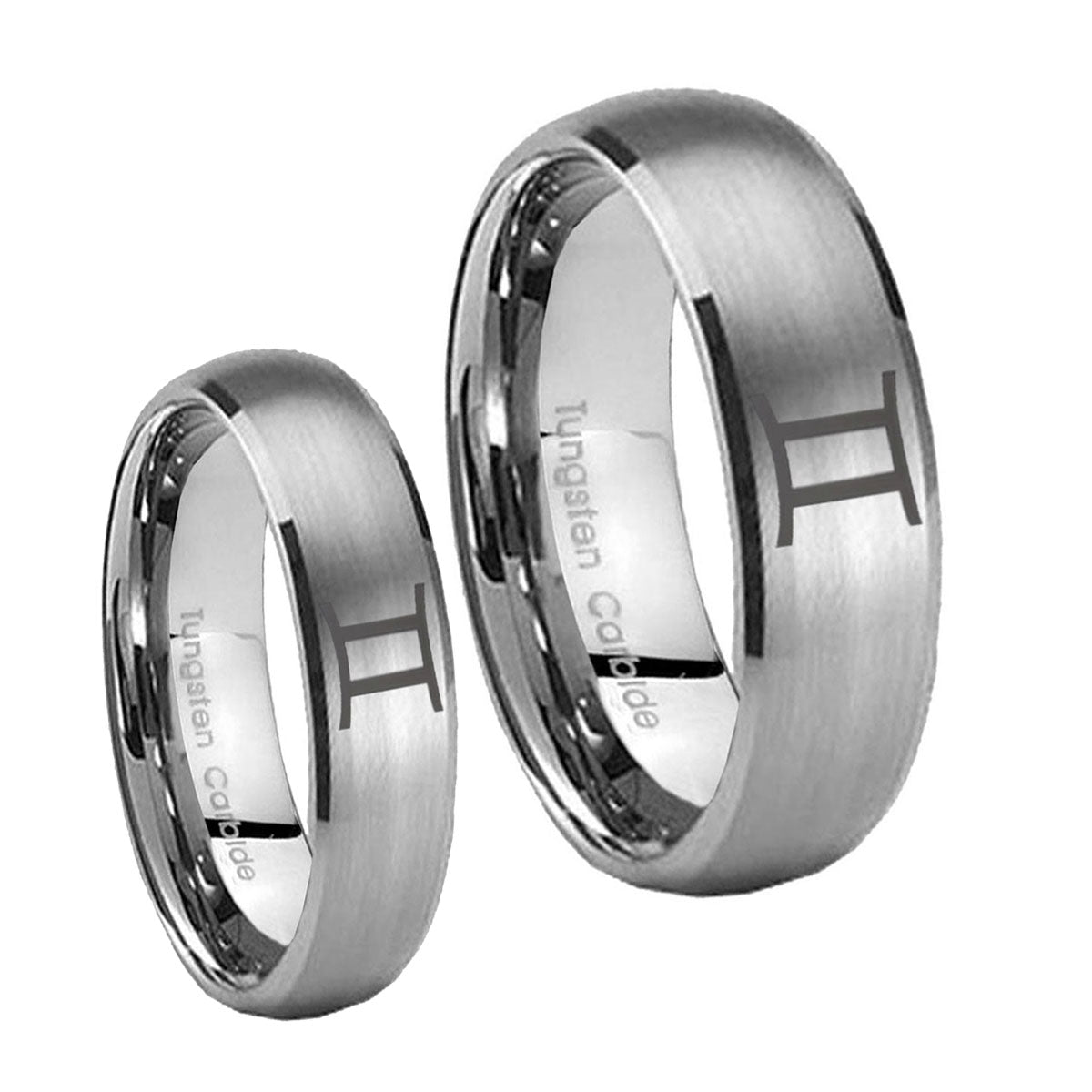 Gemini Zodiac Dome Brushed Tungsten Wedding Set Rings