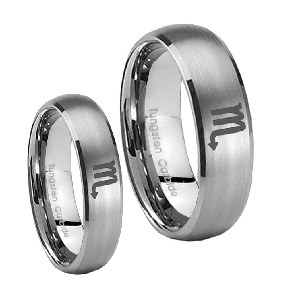 Scorpio Horoscope Dome Brushed Tungsten Bridal Ring Sets