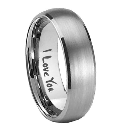 10mm I Love You Dome Brushed Tungsten Carbide Mens Engagement Band