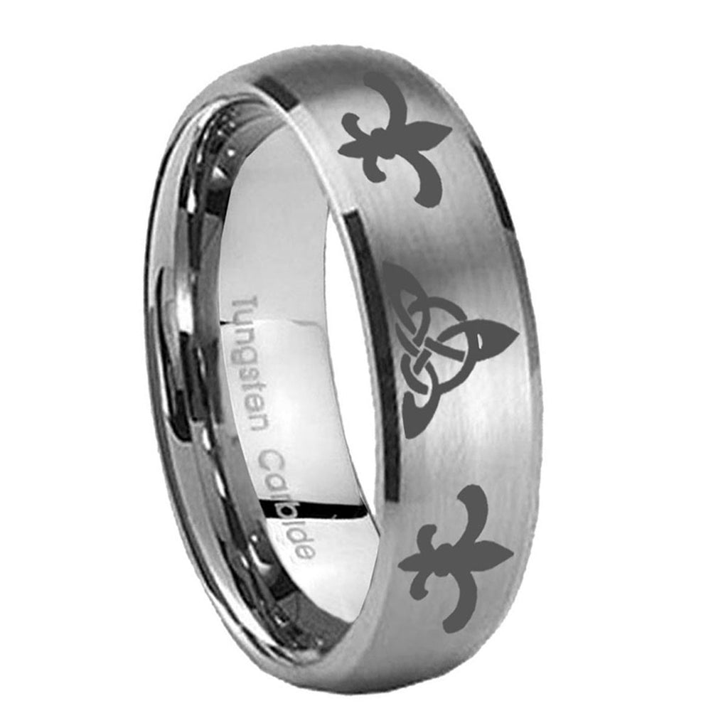 10mm Celtic Triangle Fleur Delis Dome Brushed Tungsten Men's Wedding Ring