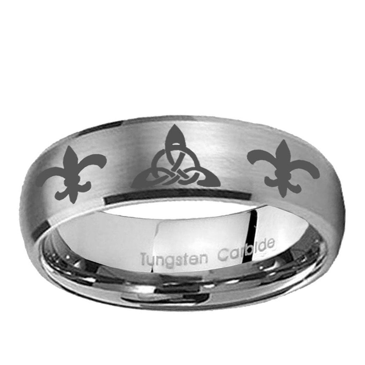 10mm Celtic Triangle Fleur-De-Lis Dome Brushed Tungsten Ring