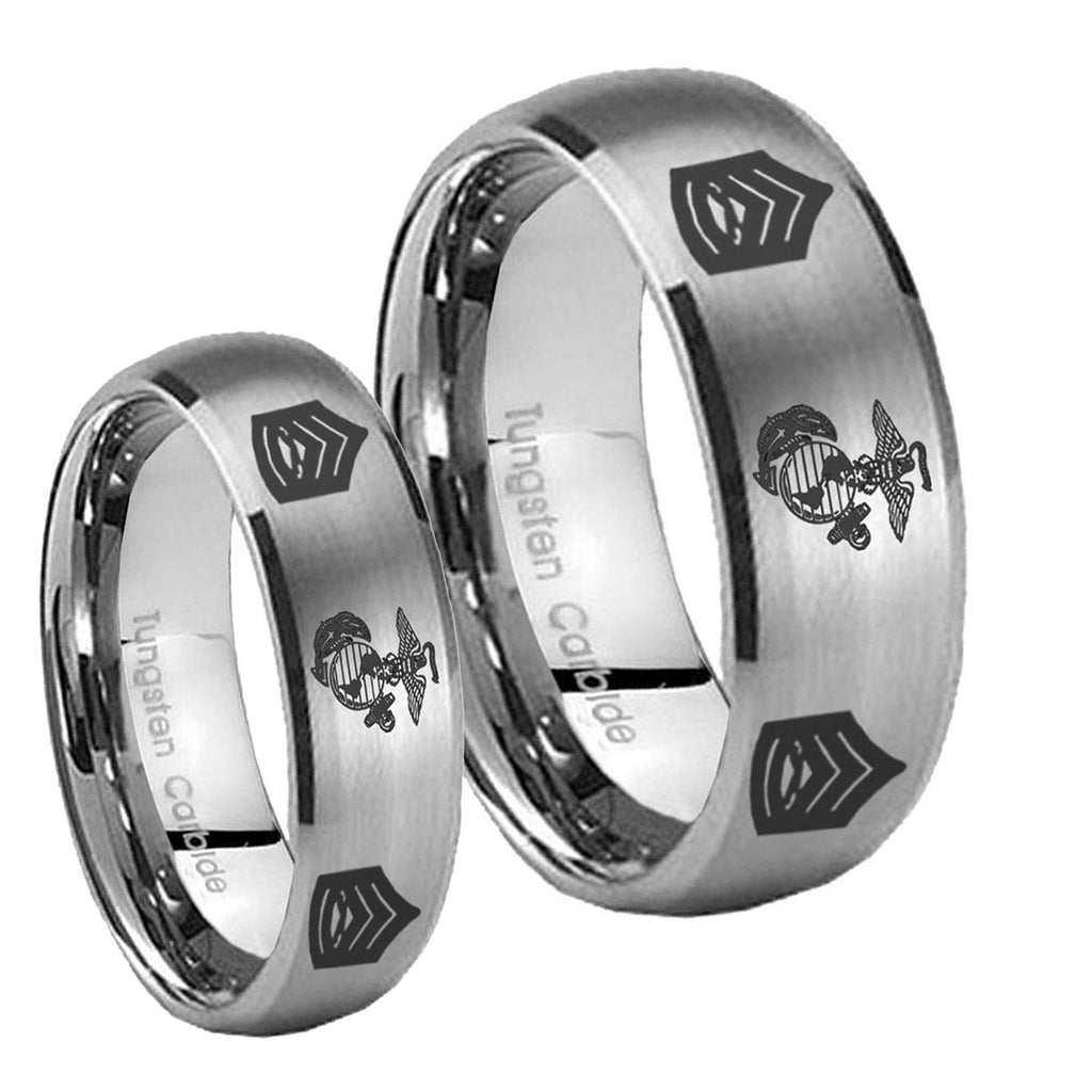 Marine Army Sergeant Dome Brushed Tungsten Bridal Set Ring