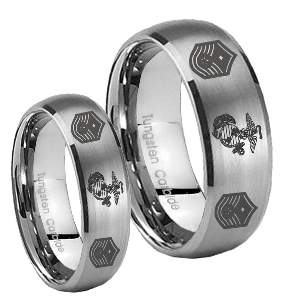 Marine Chief Master Sergeant Dome Brushed Tungsten Bridal Set Rings