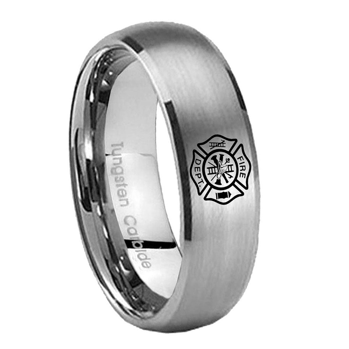 10mm Fire Department Dome Brushed Tungsten Carbide Mens Ring Personalized