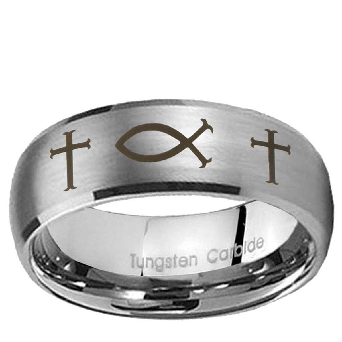 10mm Fish & Cross Dome Brushed Tungsten Ring
