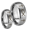 Fish & Cross Dome Brushed Tungsten Couple Rings