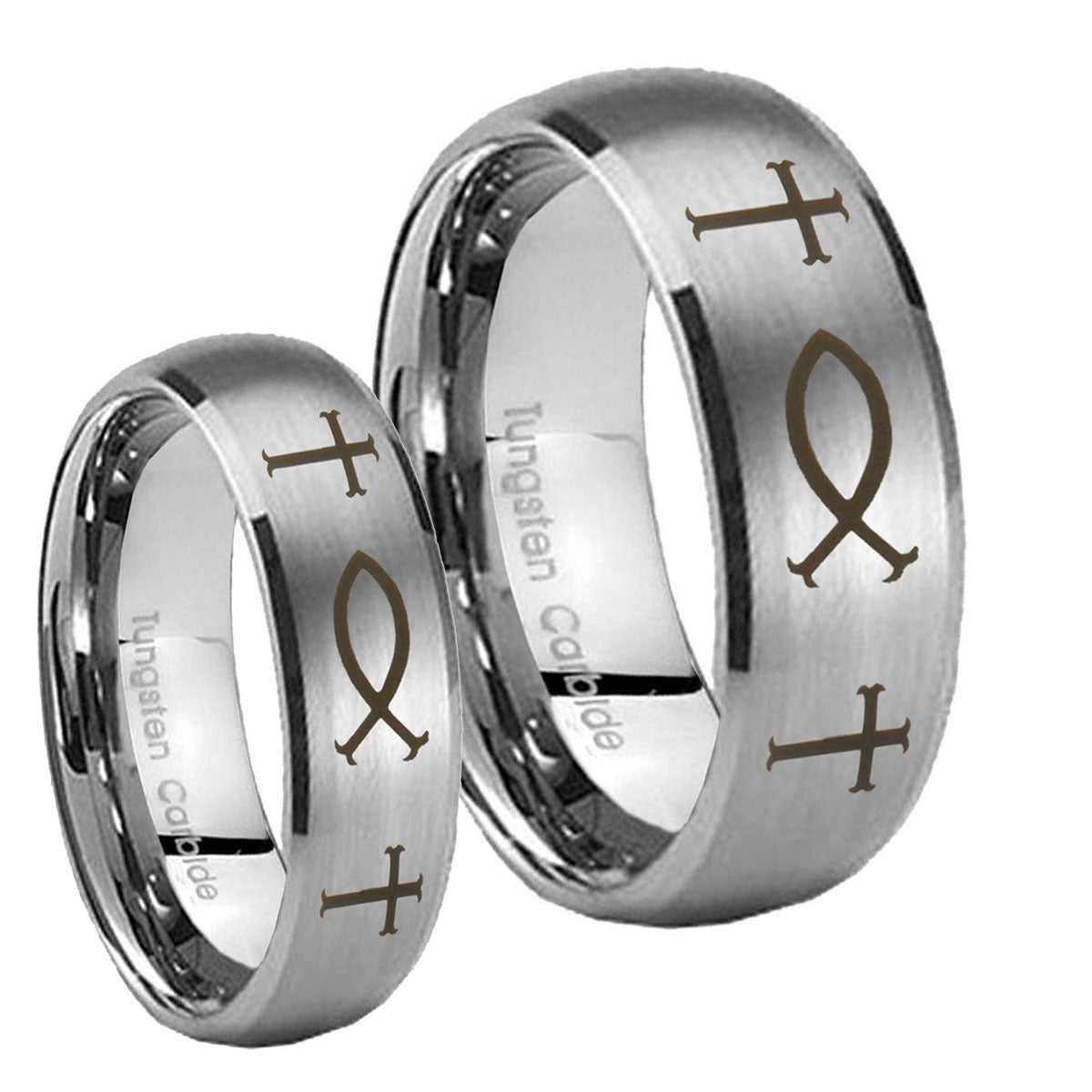 Fish & Cross Dome Brushed Tungsten Couple Rings
