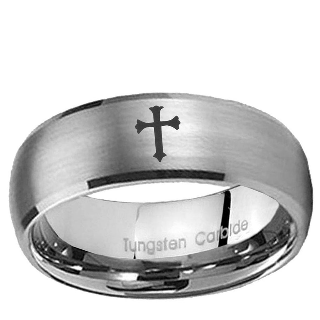 10mm Flat Christian Cross Dome Brushed Tungsten Ring